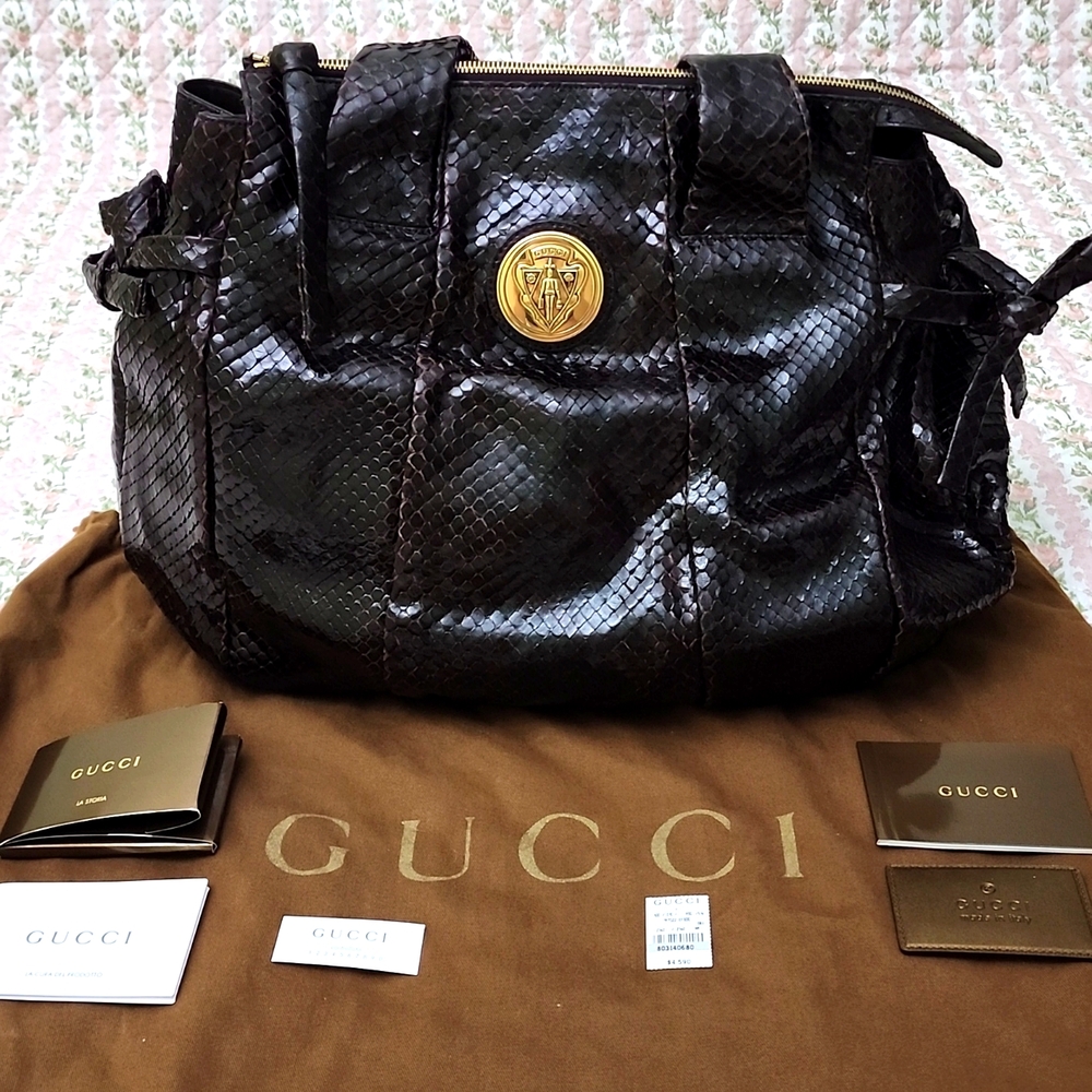 💎$4.6K Gucci Hysteria Dark Brown Python Large Tote Bag